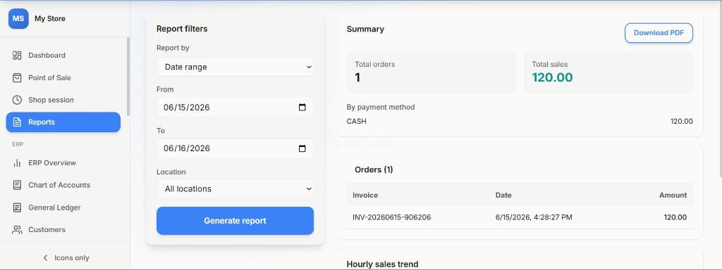 Reports — Sales summary and PDF export