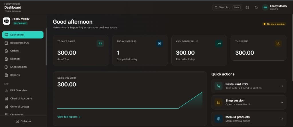 Restaurant dashboard with sales KPIs and quick actions