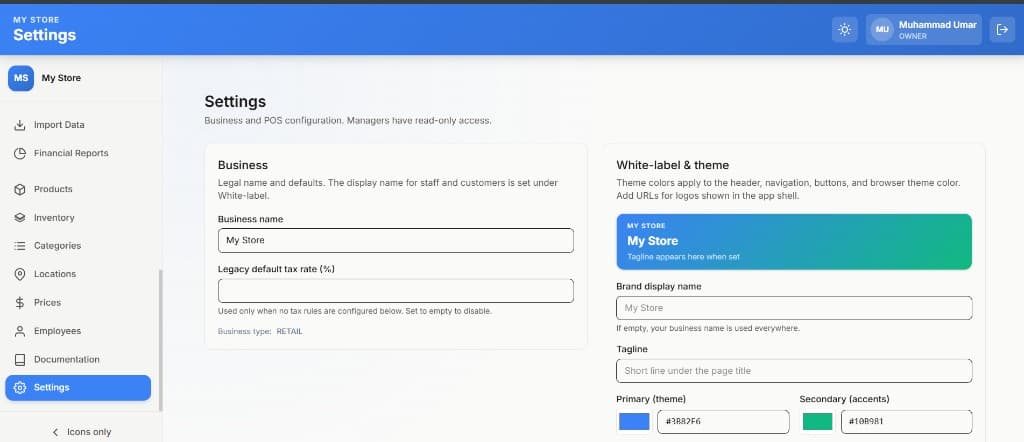NextPOS settings with white-label branding and theme customization