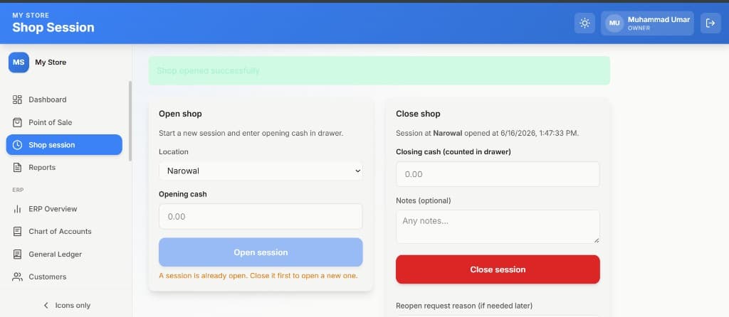 Shop Session — Open and close till with cash control